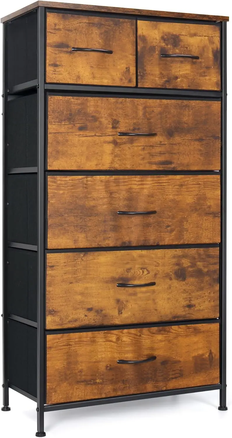 

Tall Dresser for Bedroom, Vertical Storage Organizer Tower with 6 Drawers, Chest of Drawers with Fabric Bins, Steel Frame, Wo
