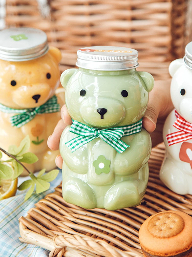 Disposable Drink Bottles Juice Bear Plastic Cup Cute Bear Juice Drink Milk Tea Beverage Storage Bottles With Lid Sealed Bottle