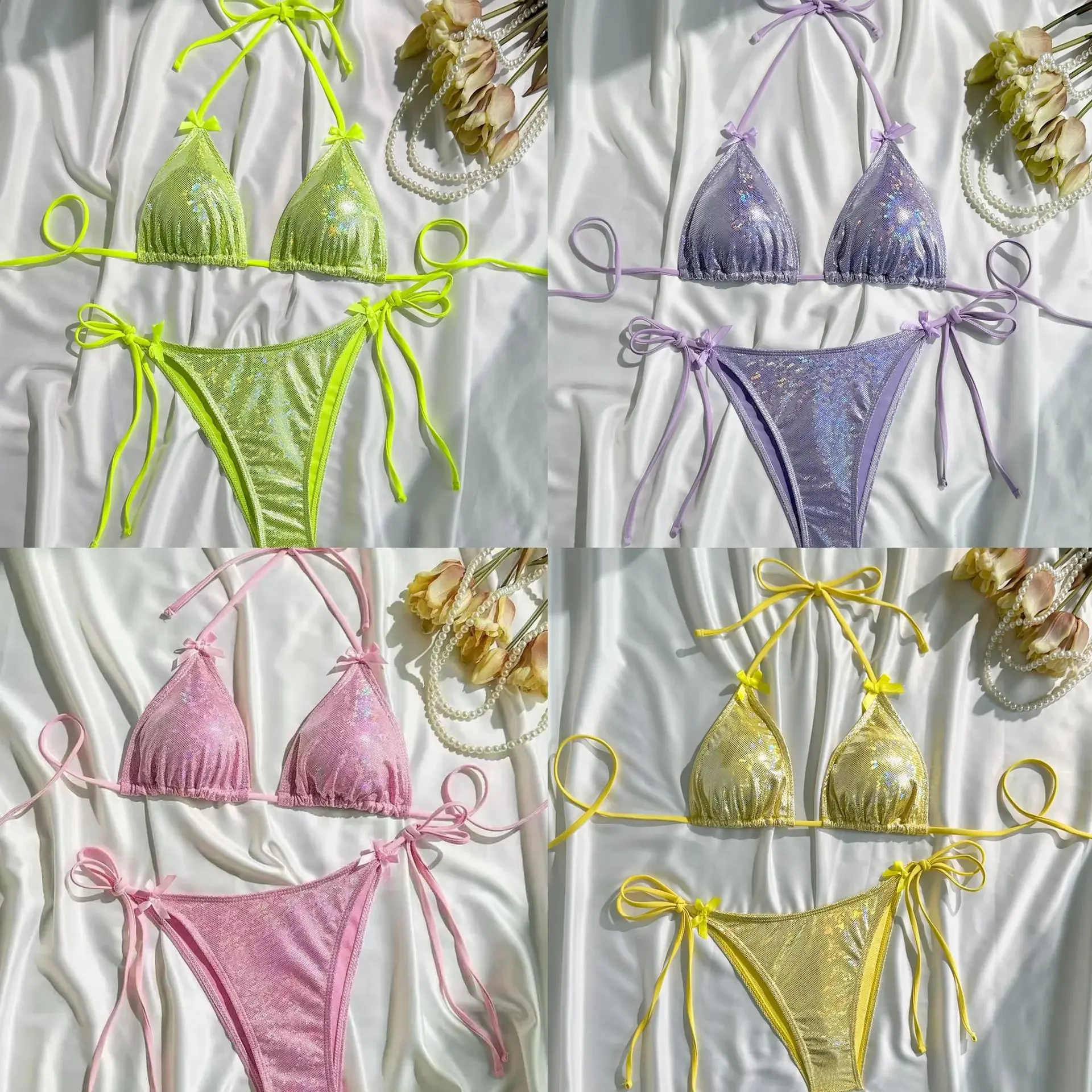 

2025 European and American new sexy solid color bow bikini women's beach vacation swimsuit