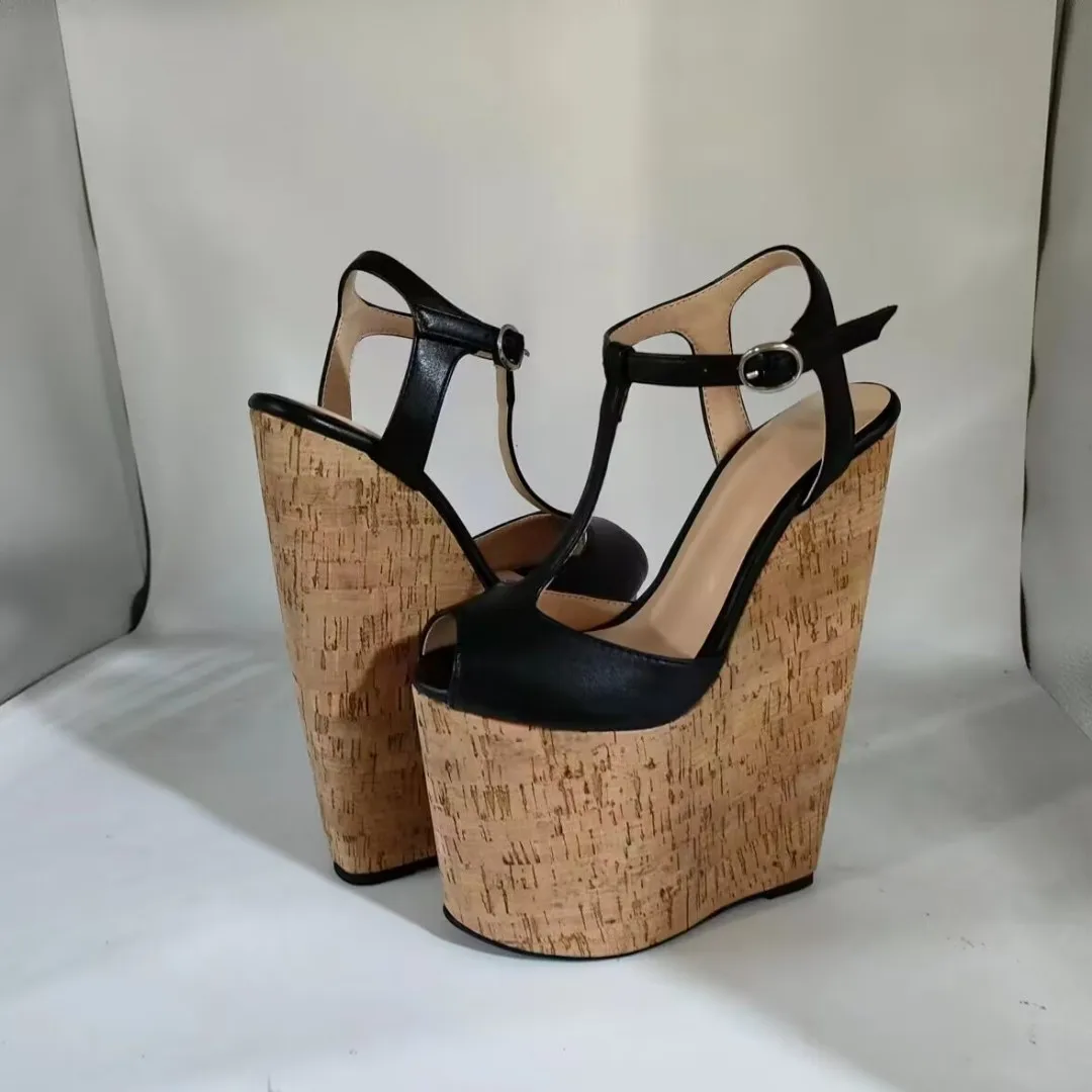 SHOFOO Fashionable women's high-heeled sandals. Black leather sandals. About 20cm heel height Wedges platform sandals Size:34-46