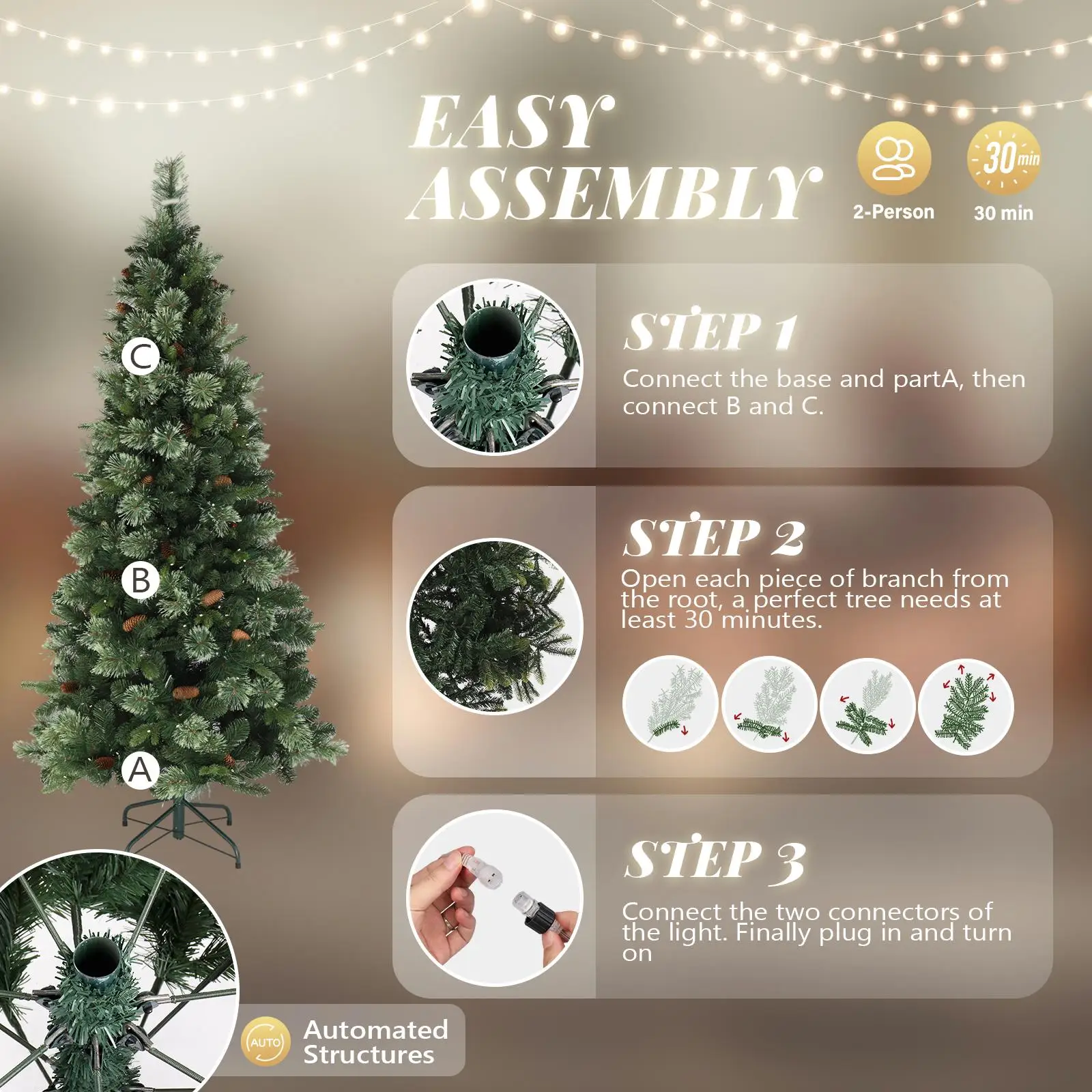 6ft Green Pencil Christmas Tree with 300 Warm Lights, 9 Modes, Remote Control, 600 Branches - PE PVC Material