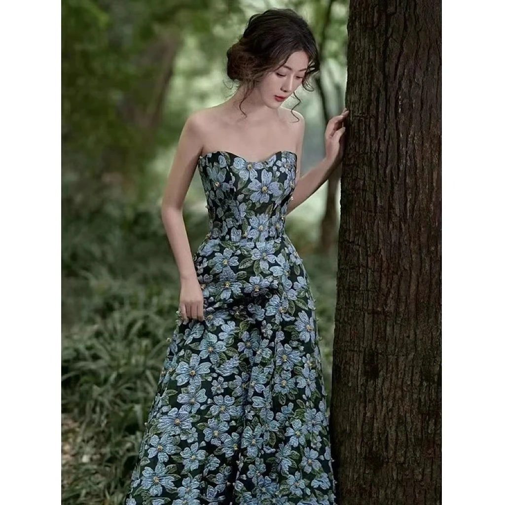 

Cyan Flower Prom Dresses Silm A-line Sweetheart Boat Neck Floor Length Sleeveless Gorgeous Birthday Toast Formal Celebrity Gowns