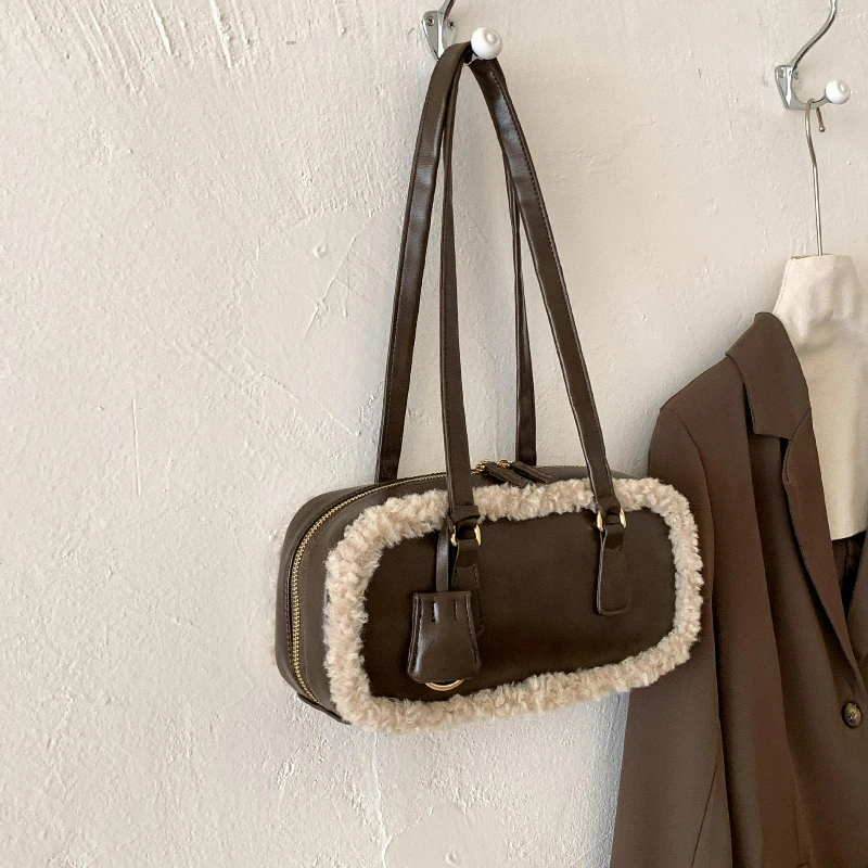 

Винтажная пушистая текстурированная повседневная сумка на плечо для женщин, сумка через плечо с ручкой и LambTrim, модная простая дорожная сумка для хранения