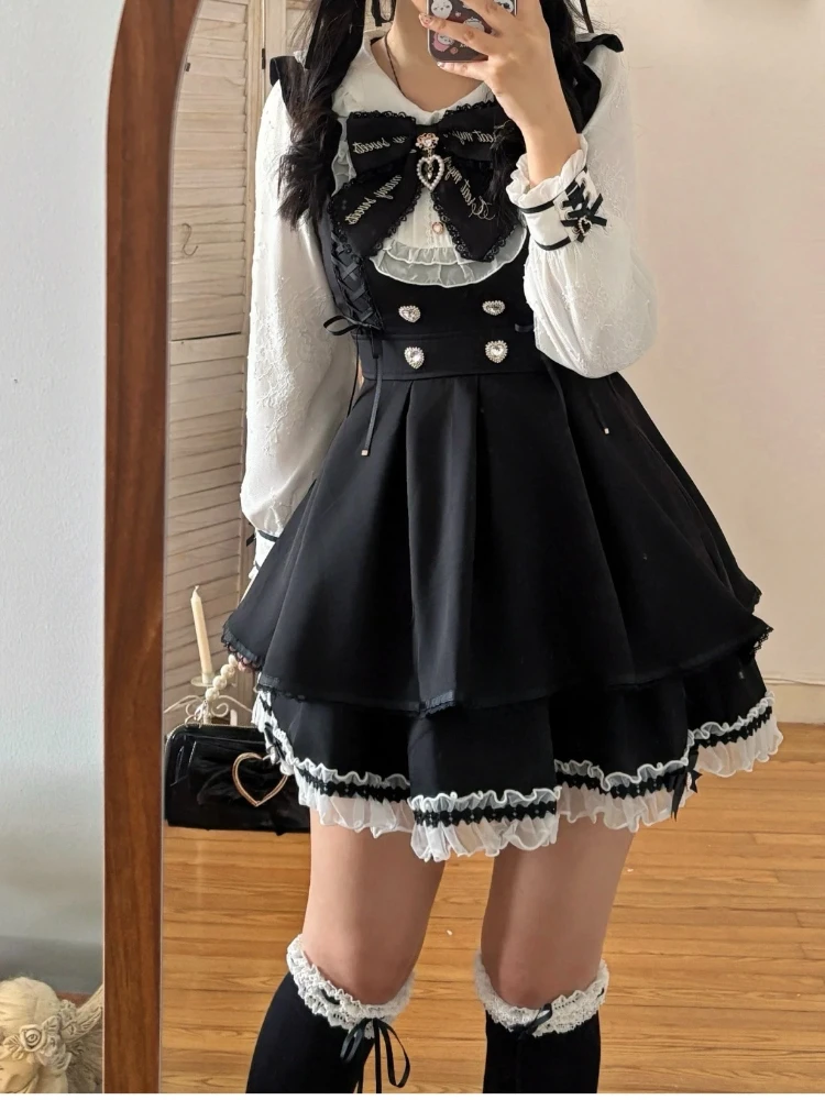 

Японский Y2k Эстетика Винтажный комплект с бантом Женская рубашка в стиле Лолиты с длинным рукавом Комплект из 2 предметов Готическое элегантное праздничное платье Костюмы