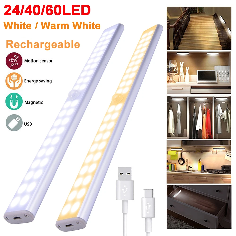 

20/30/40CM PIR Motion Sensor LED Under Cabinet Light USB Rechargeable PIR Motion Sensor Closet Lamp Kitchen Wardrobe Night Light