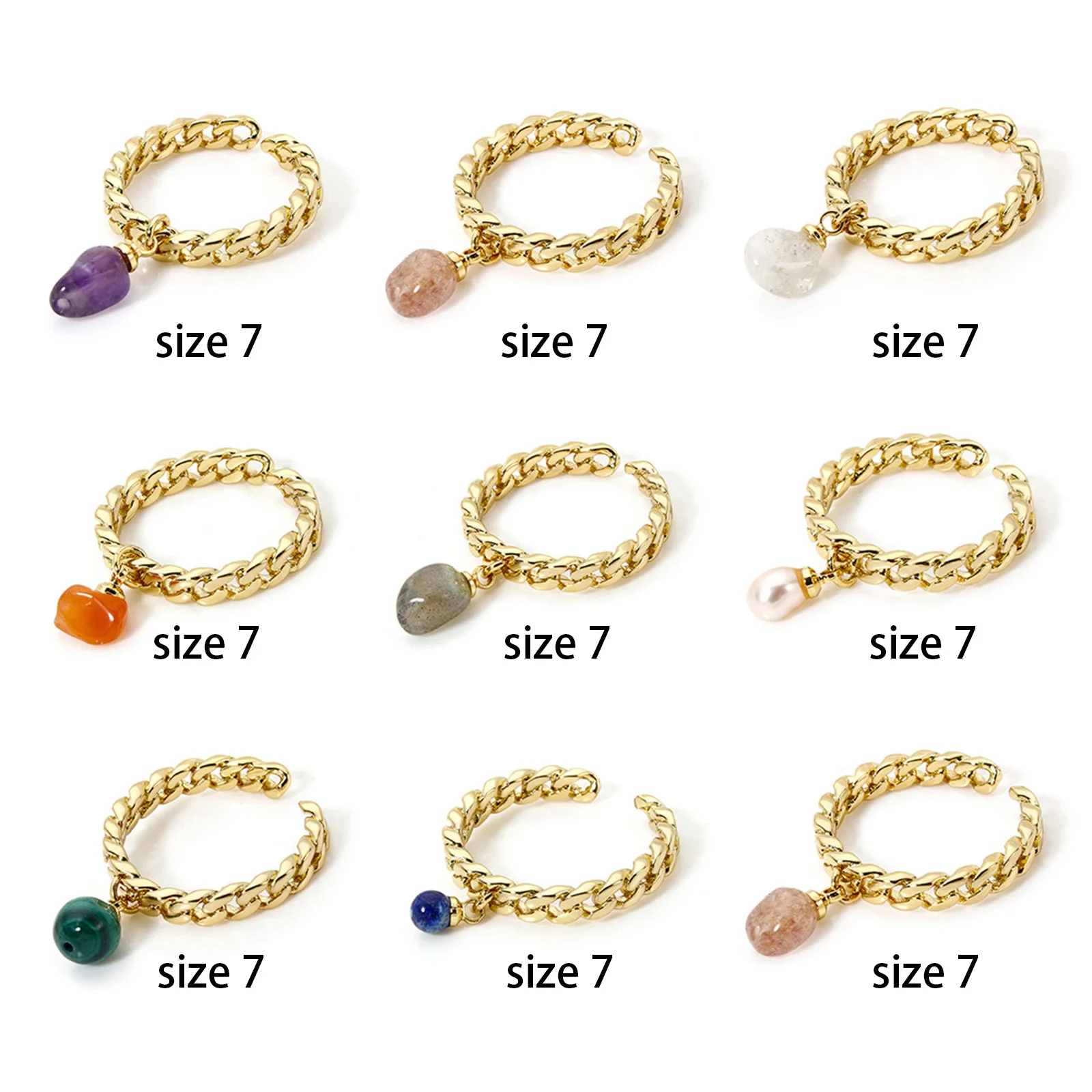 1pc Vintage Simple Rings 18K Gold Plated Brass & Gemstone Open Chip Beads Rings For Women Fashion Jewelry 17.3mm(US Size 7)