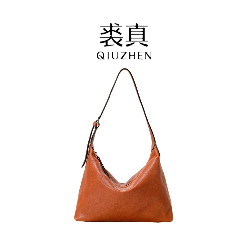 Qiuzhen أعلى الحبوب الخضار المدبوغة جلد البقر تحت الإبط حقيبة المتشرد حقيبة كتف عادية للتنقل حقيبة على شكل زلابية للنساء
