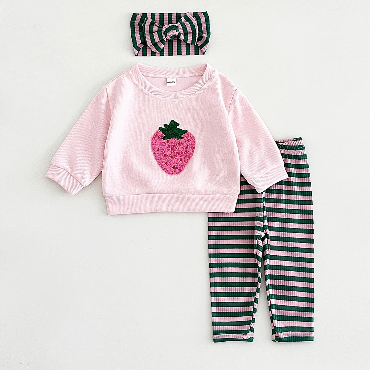 0-3Y Newborn Baby Clothes Autumn Cute Strawberry Embroidery Pullover Shirt Top+Cotton Striped Leggings Spring Girls Baby Sets