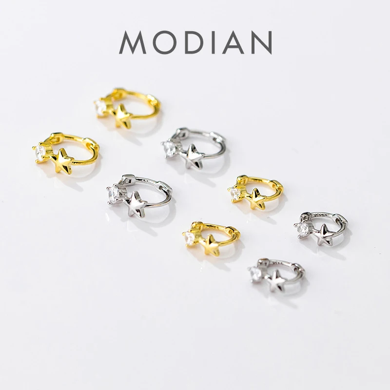 Modian prawdziwe 925 srebro wyczyść CZ proste Tiny Star Hoop kolczyki dla kobiet dziewczyna modne kolczyki Korea Style Fine Jewelry