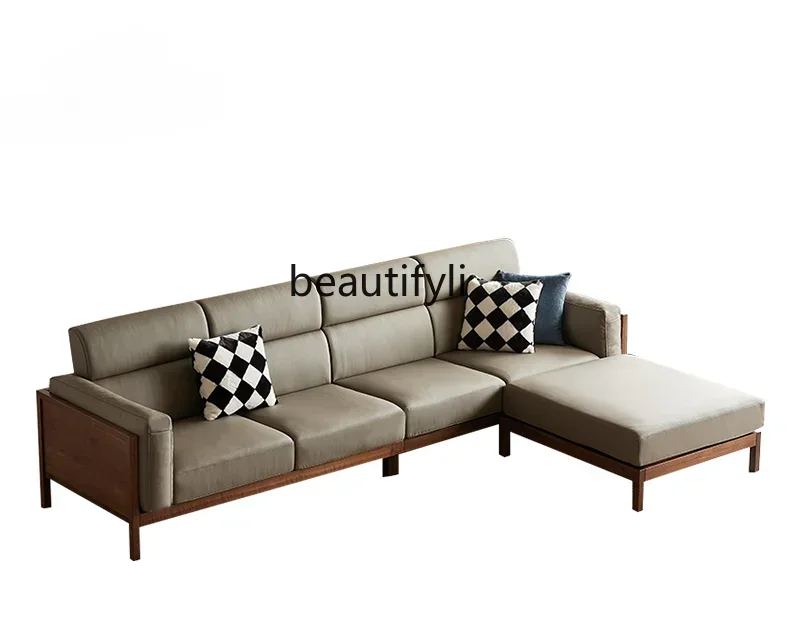 C85 North American Black Walnut Wooden Sofa Nordic Simple Home Living Room Straight Row Four-Seat Solid-Wood Leather Sofa