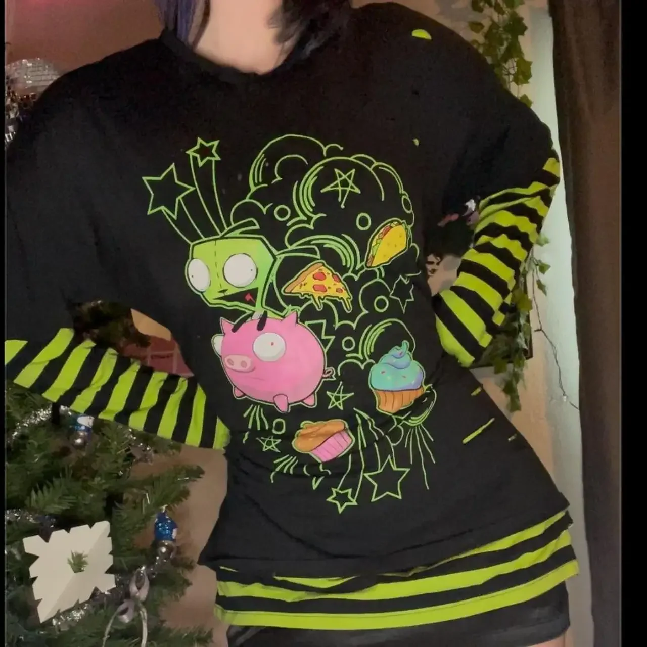 2026 Women Y2K 3D Print T-shirt Long Sleeve Grunge Emo Goth Cartoon Graphic Black Green Striped Top