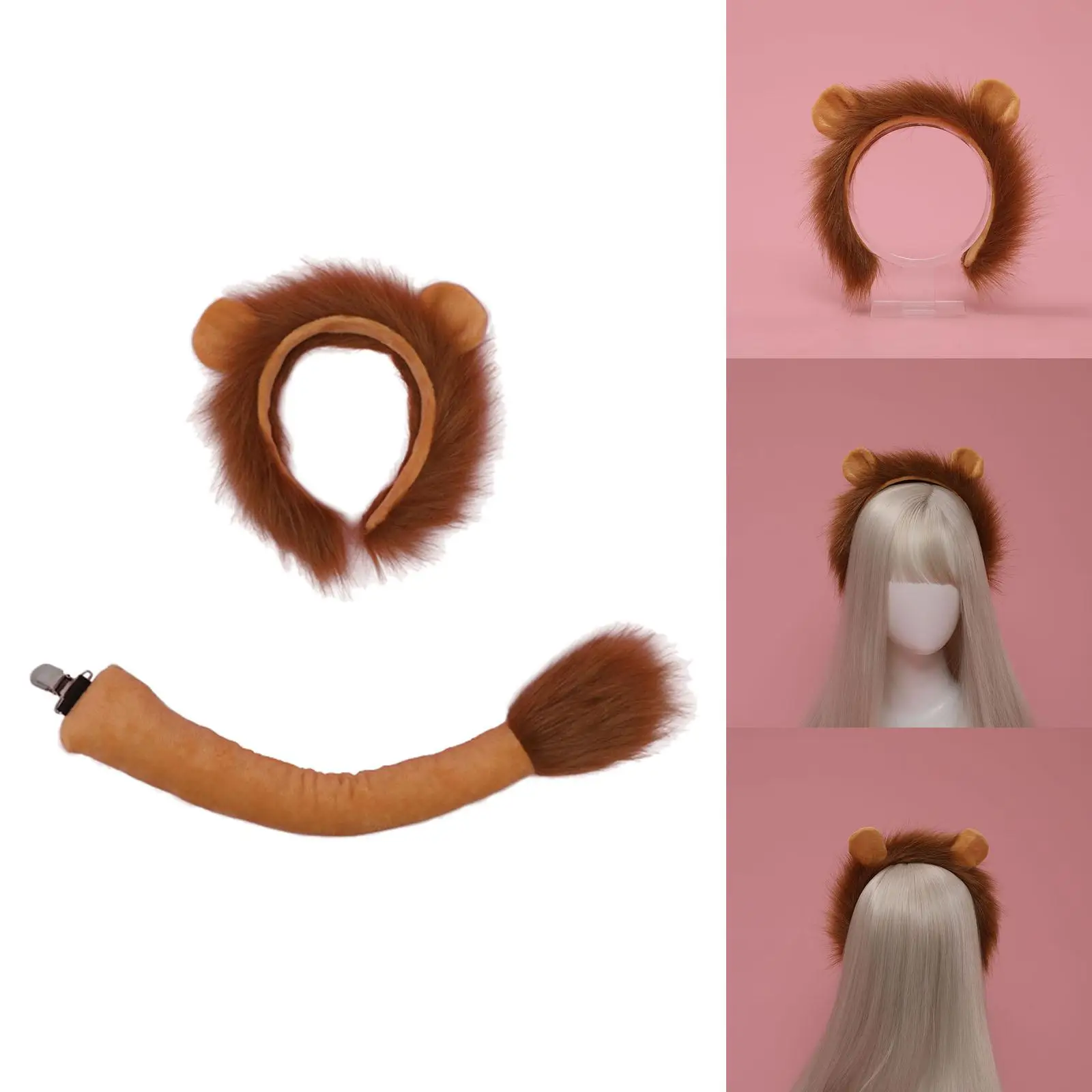 Lion Tail Ears Costume Set Headwear Plush Headband for Teenager Adult Party