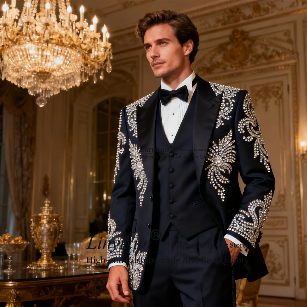 

Высококачественный дизайн со стразами, мужские костюмы, комплекты из 3 предметов, вечерние блейзеры, индивидуальный приталенный костюм, Homme, роскошные формальные смокинги для жениха