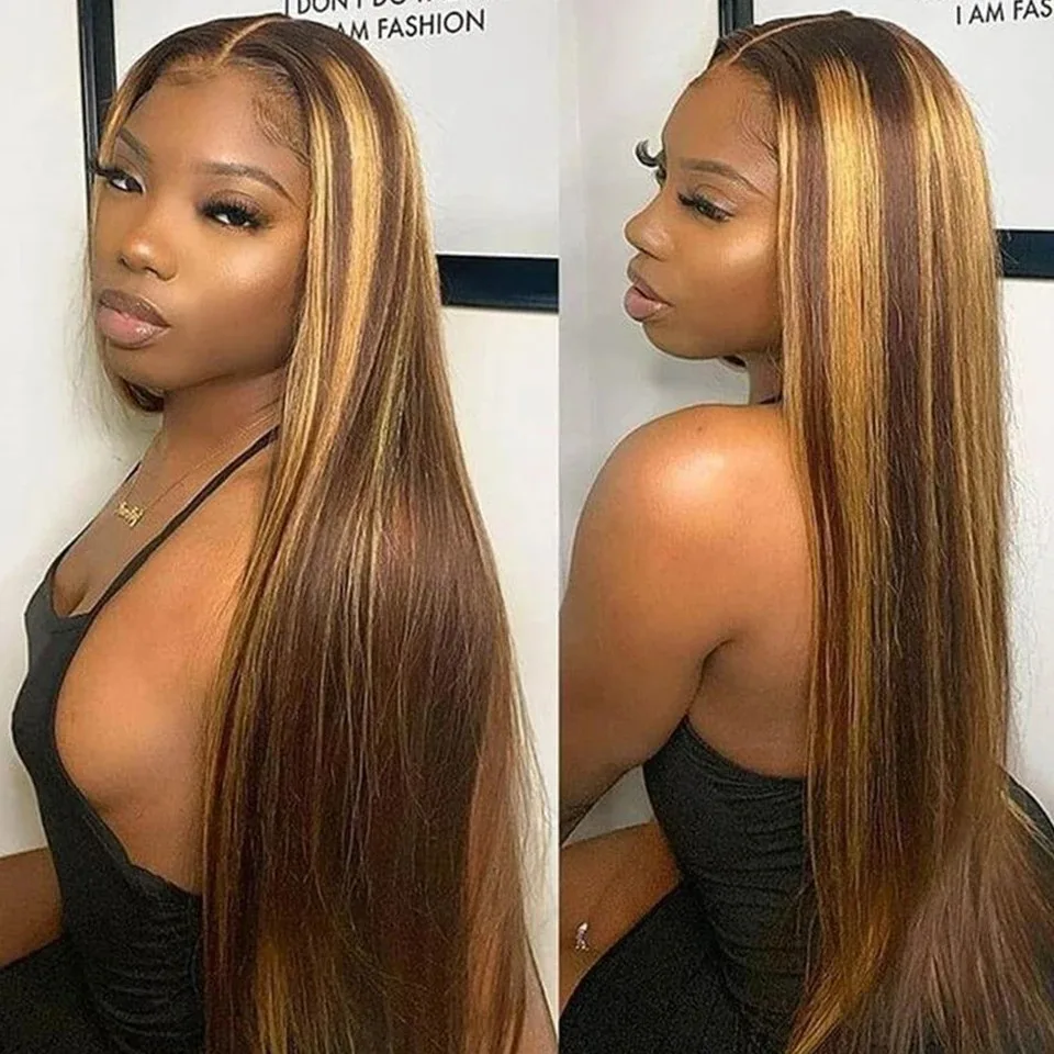 Straight 30 32 34 Inch Highlight 180 density 13x4 Lace Front Human Hair Transparent Lace Frontal Wig Brazilian For Black Women