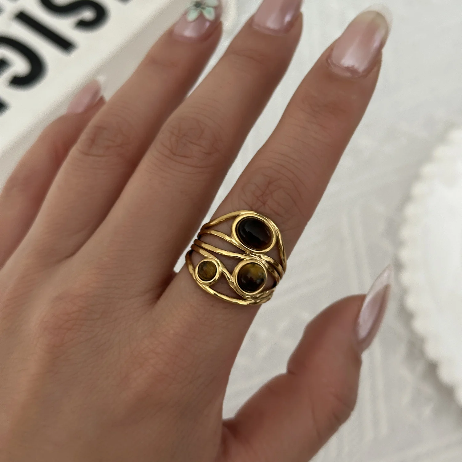 Maillard Vintage Tigerauge Edelstahl-Steinring für Frauen Böhmischer Verstellbarer Vergoldeter Statement-Partyschmuck Geschenk – Detail 1