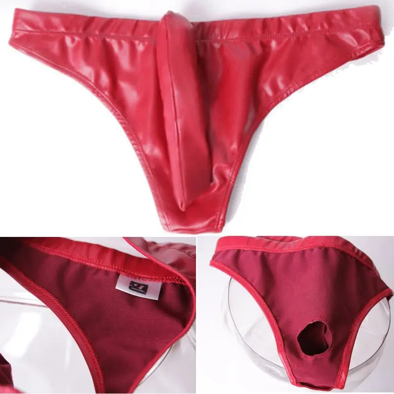 Mens PU Leather Briefs Oil Latex Underwear Package Hip Penis Sleeve Pouch Low Waist Pucker Crotch Thong Gay Erotic Short Pants