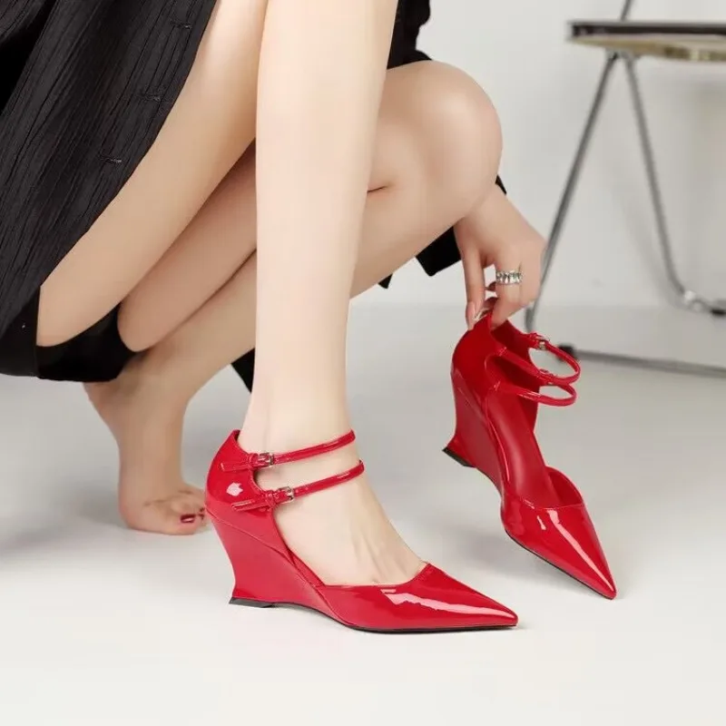 Red Pointed Sandals with Wedge Heeled Women\'s 2024 Summer New Leather High Heeled Shoes Elegant Shoes for Women 2024