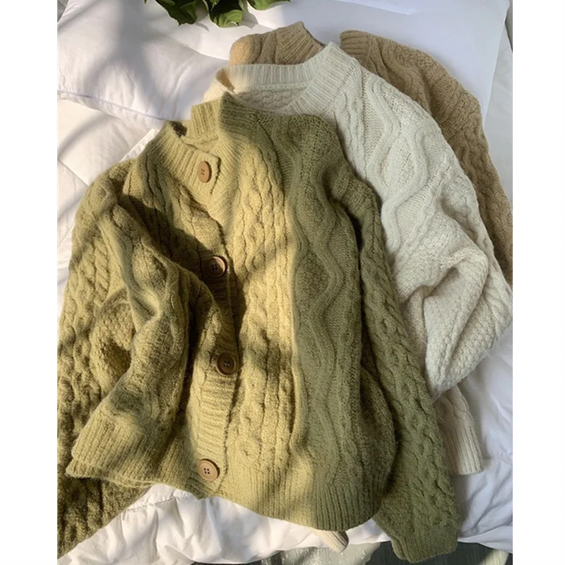 تويست سترة مشغولة من الصوف المرأة زر عادية بسيطة الرجعية س الرقبة الجلد ودية سترة سميكة مكتب سيدة طويلة الأكمام سترة