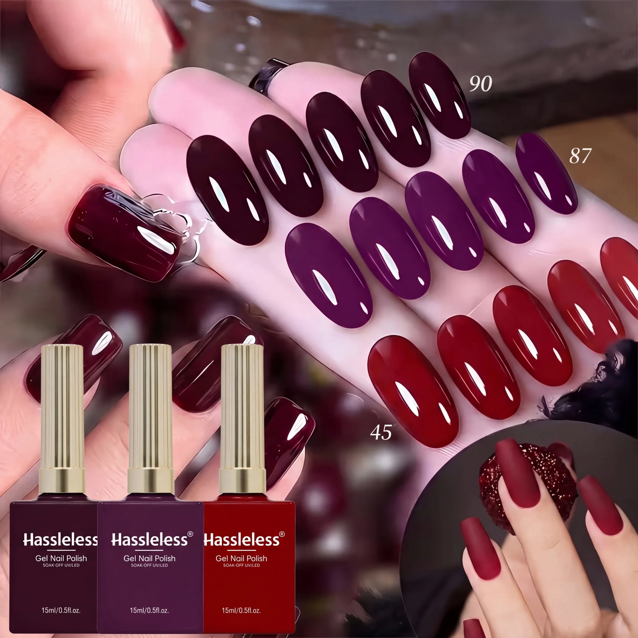 Hassless 3Pcs Retro Wine Red Nail Polish Set 15ml Removable Nail Polish Autumn and Winter Whitening Red and Purple Series Nail Polish Salon DIY