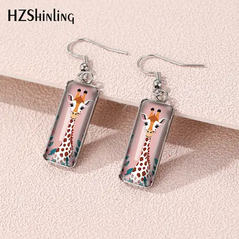 2025 New Giraffe illustration Rectangular Earrings Handmade Fish Hook Earring Glass Picture Jewelry