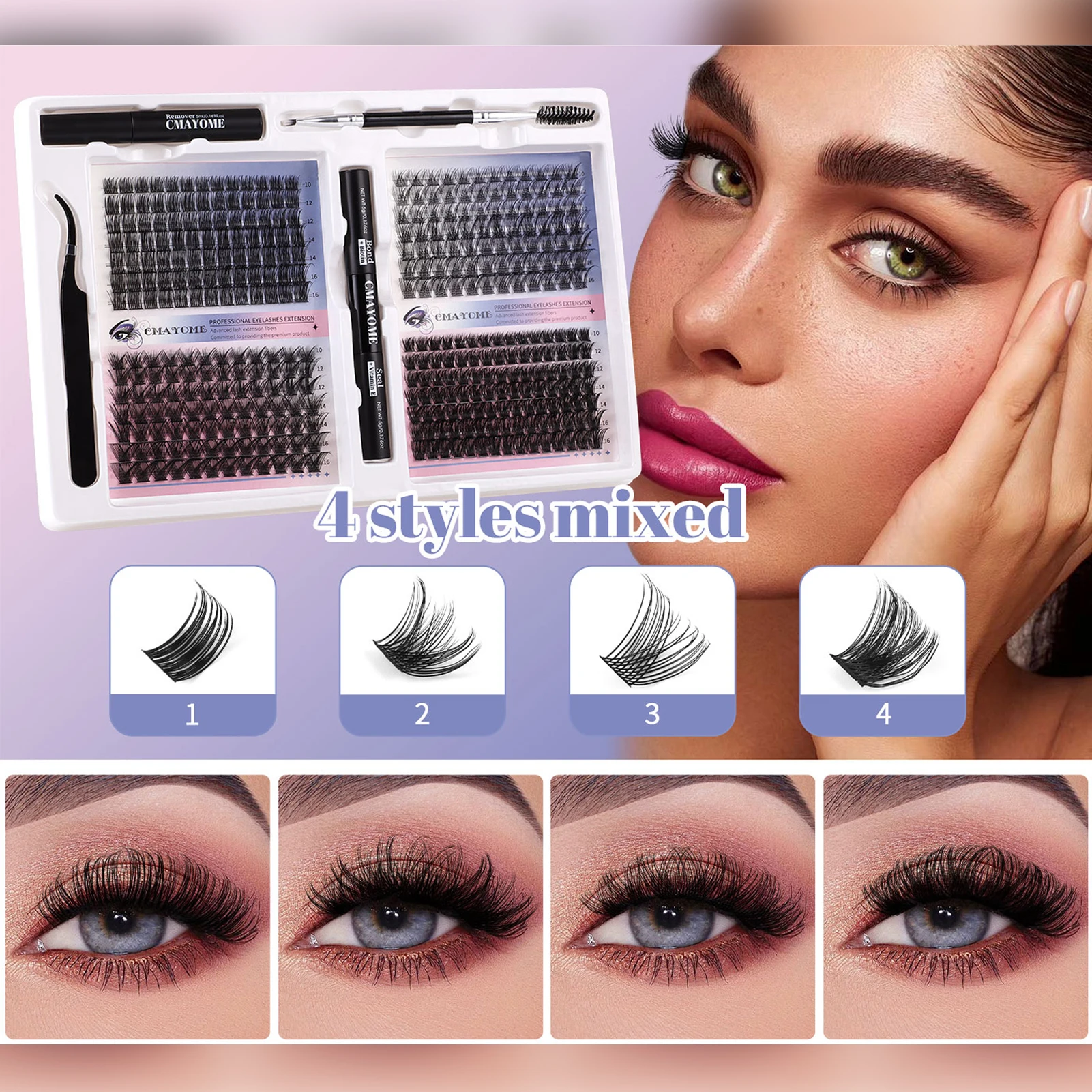 4-Stil-Set mit gemischten Wimpern, flauschige Cluster-Wimpern, 10–16 mm, natürliches D-Locken-Set für falsche Wimpern, Bindung und Dichtungskleberpinzette