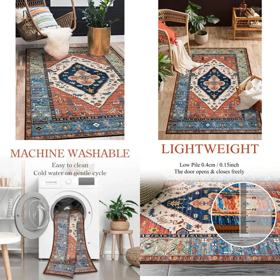 

Boho 3x5 Washable Area Rugs, Small Non-Slip Bedroom Carpet Throw Low-Pile Rugs for Entryway Kitchen, Oriental Distressed Carpet
