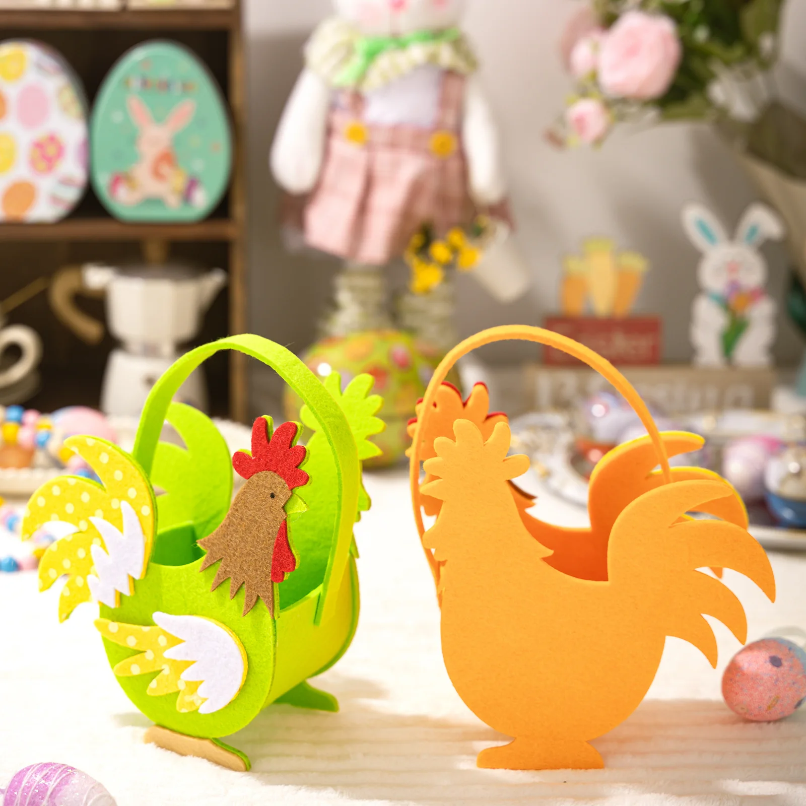 

Easter Chicken Basket Felt Rooster ToteBags for Party Bunny Basket Funny Farmhouse Chicken Egg Holder WithHandle Kids Gift Decor