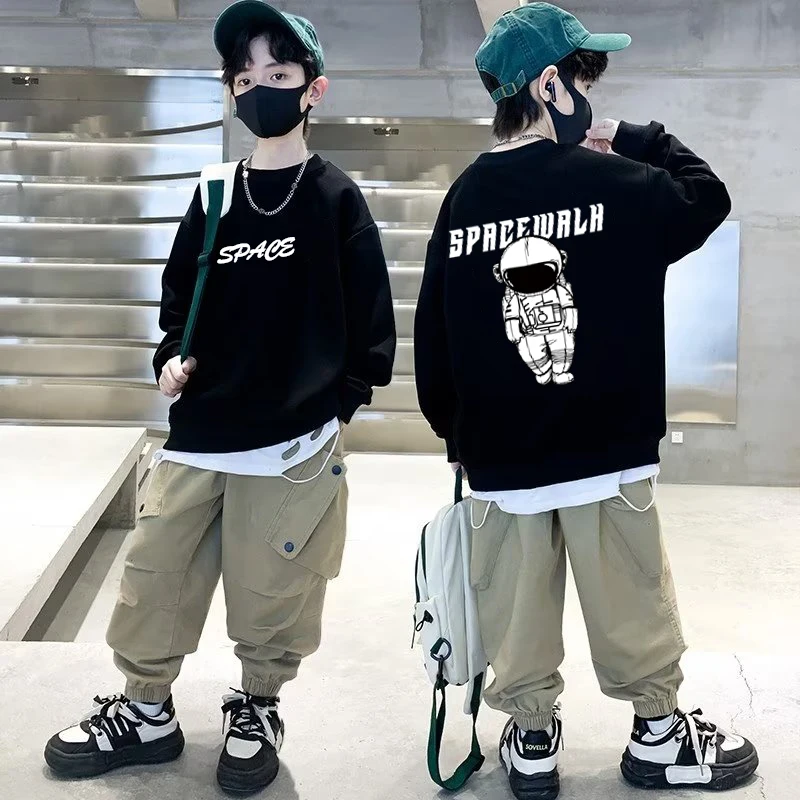 Boys Cotton Sweatshirts 5-12T Autumn Long Sleeved cartoon T-shirt For Kids Black Trendy Printed Sportswear Children\'s O Neck Top