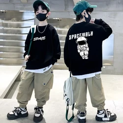 Boys Cotton Sweatshirts 5-12T Autumn Long Sleeved cartoon T-shirt For Kids Black Trendy Printed Sportswear Children's O Neck Top