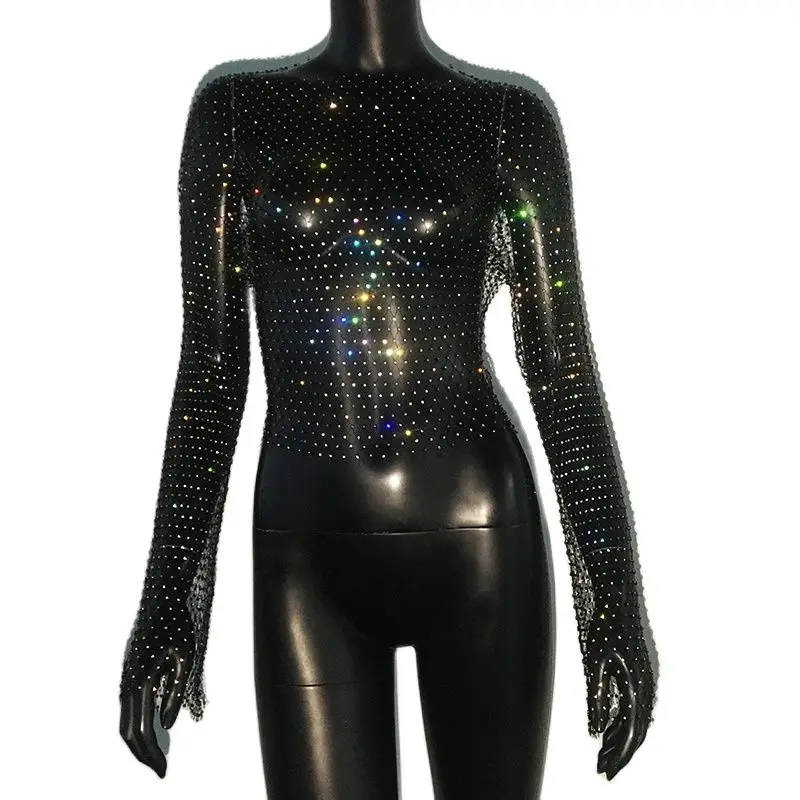 Sexy See Through Mesh T Shirt Glitter Rhinestone Fishnet Hollow Out Long Sleeve Crop Top Women Rave Party Club Base Shirt Tops