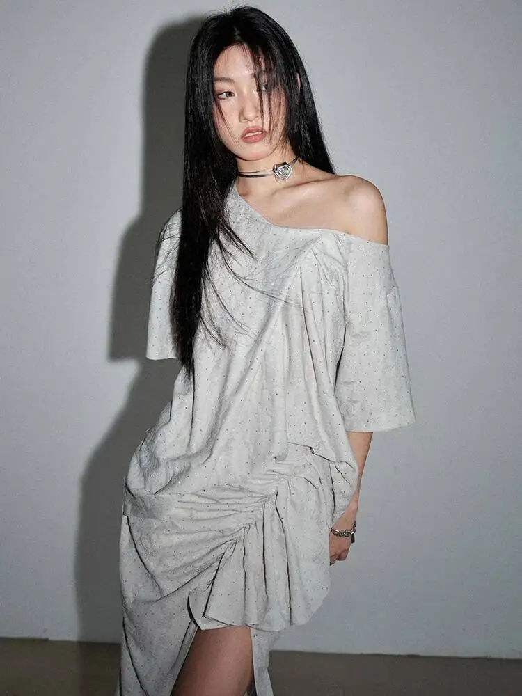 

Skirt Shining T-shirt Irregular Two Pieces Suit New Skew Collar Sleeve Women Fashion Spring Summer 2026 8SQW