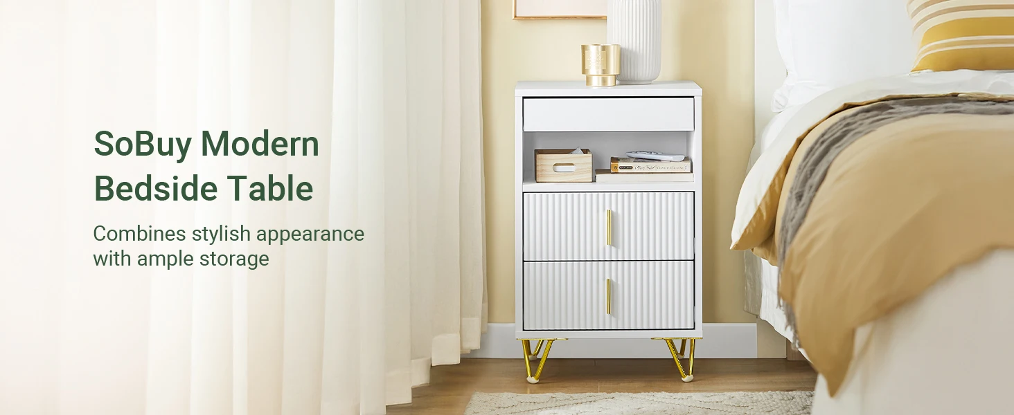 SoBuy FBT168-W Nachttisch, Nachtschrank mit 3 Schubladen und Ablagefach, Moderner Beistelltisch für Schlafzimmer und Wohnzimmer – Detail 5