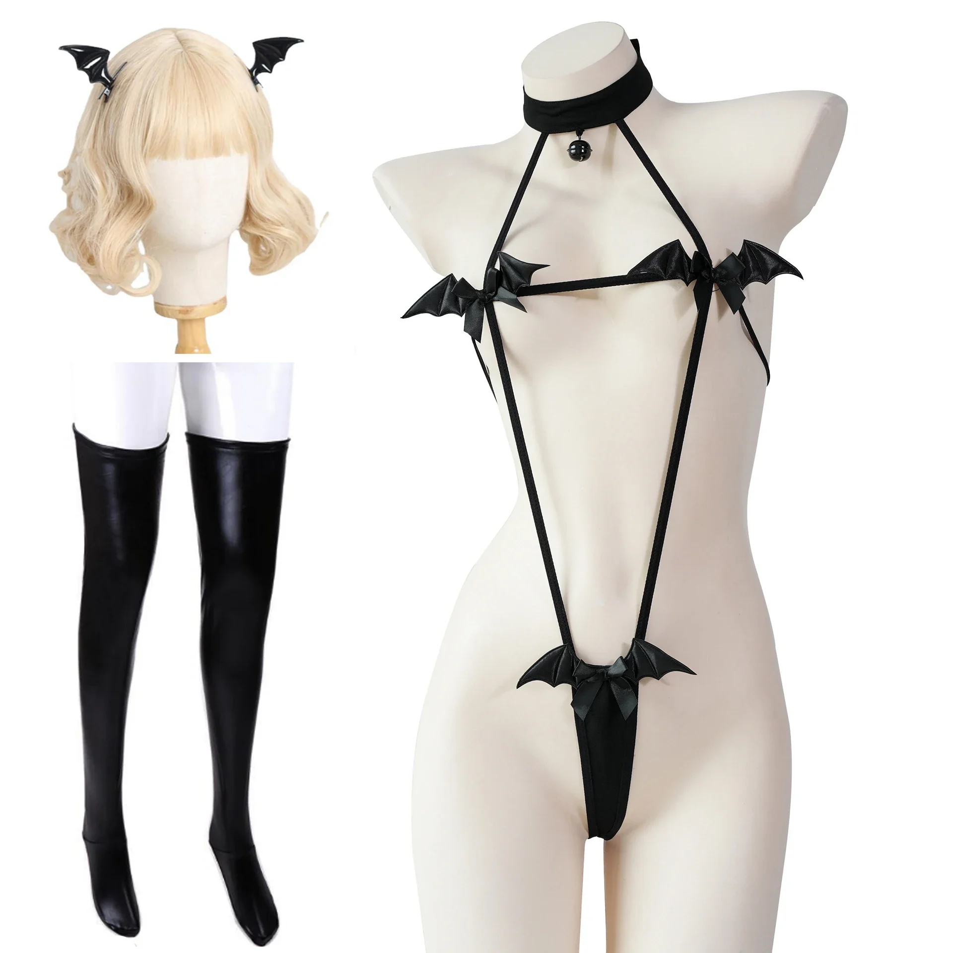 

Jimiko Halloween Bat Jumpsuit Little Devil Bikini Adult Lady Anime Leather Event Sexy Costume Latex Cosplay Babydoll Hot Outfit