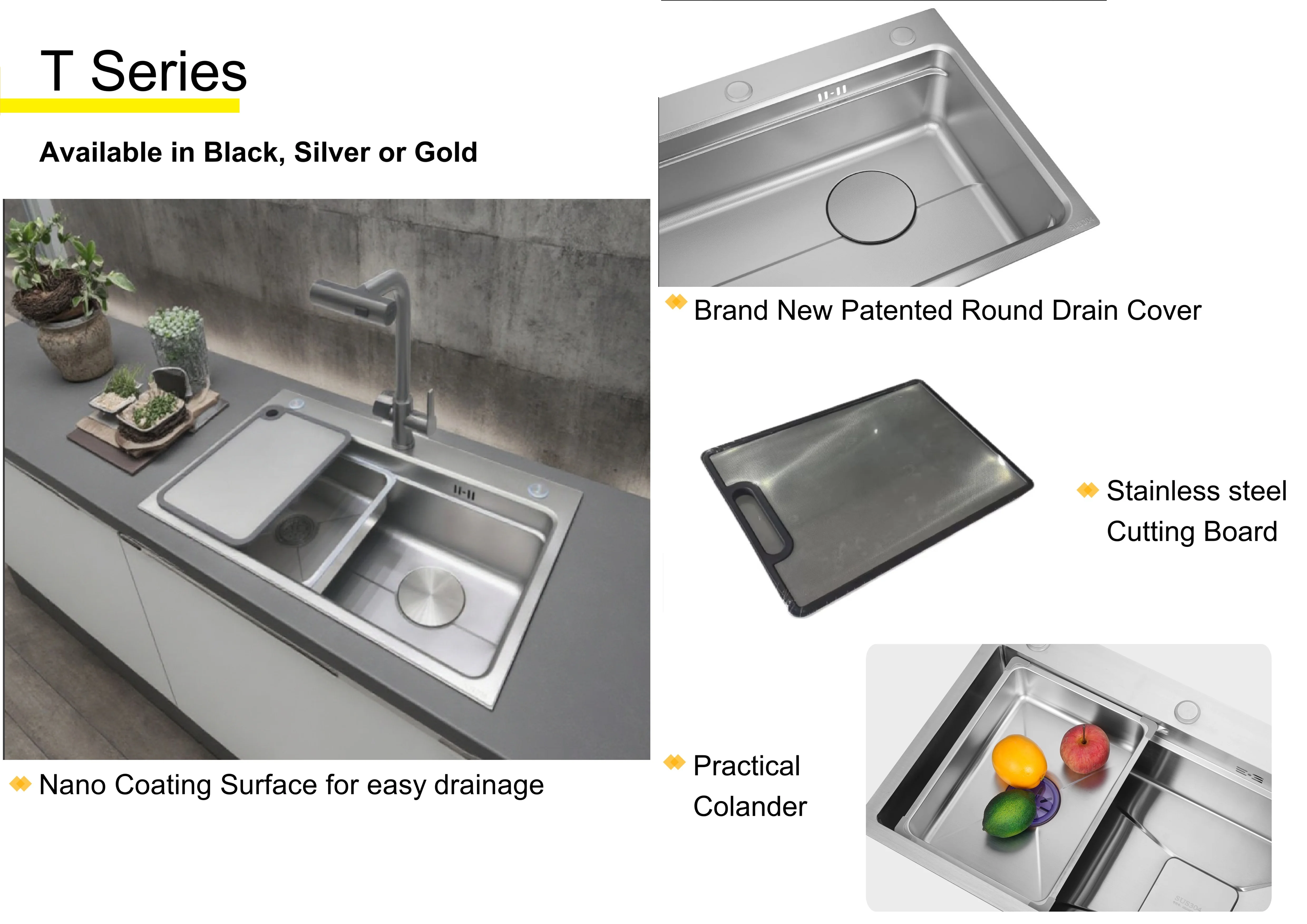 Smart 304 Stainless Steel Nano Black LED Waterfall With Multifunction & Cup Washer Kitchen Sink