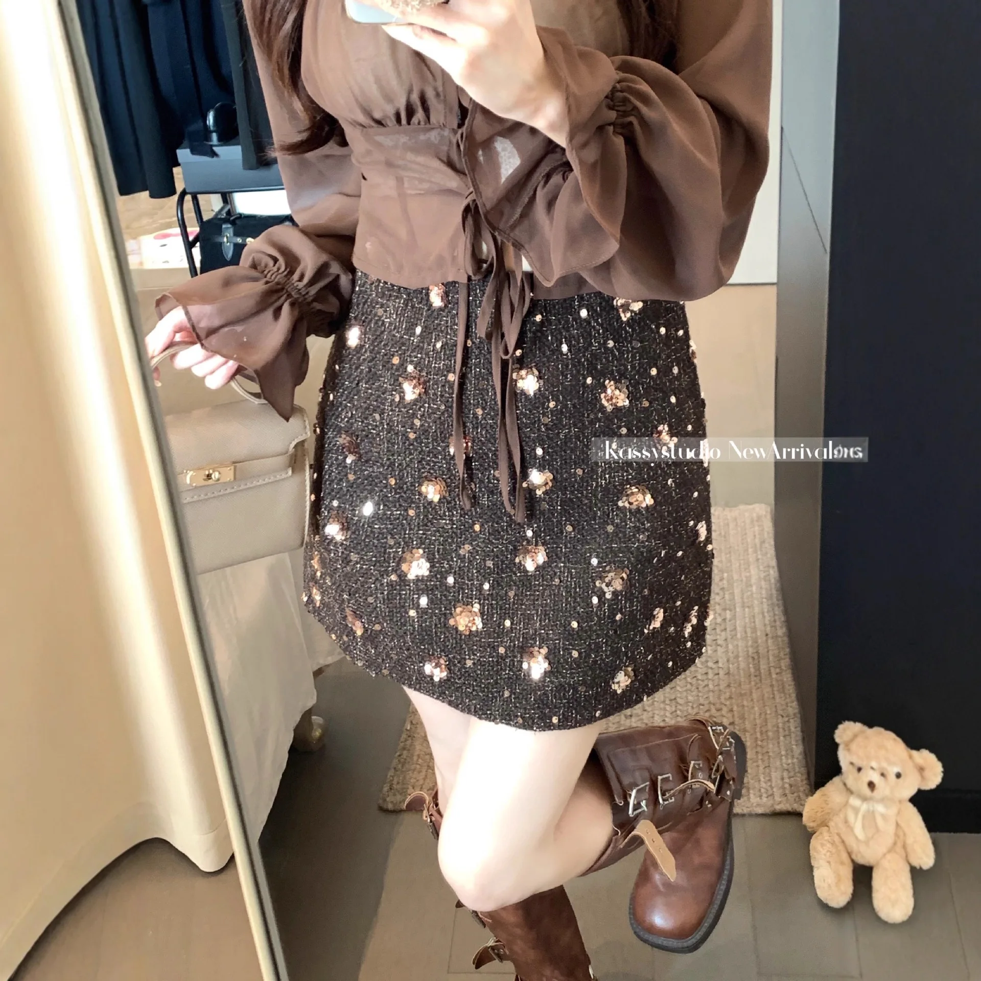 Women Sequin Tweed Mini Skirt High Waist A Line Short Skirt Sparkly Glitter Party Clubwear Casual Bottoms