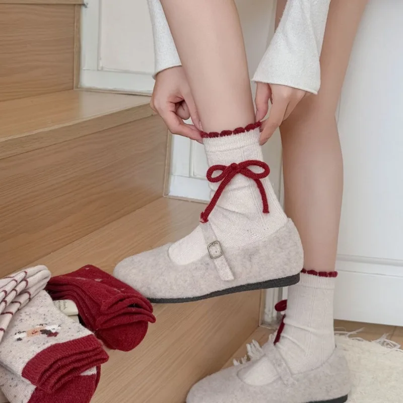 

Christmas Red Socks with Bow Print Wool Blend Stackable Socks Thermal Winter Crew Socks for Women Polka Dot New Year