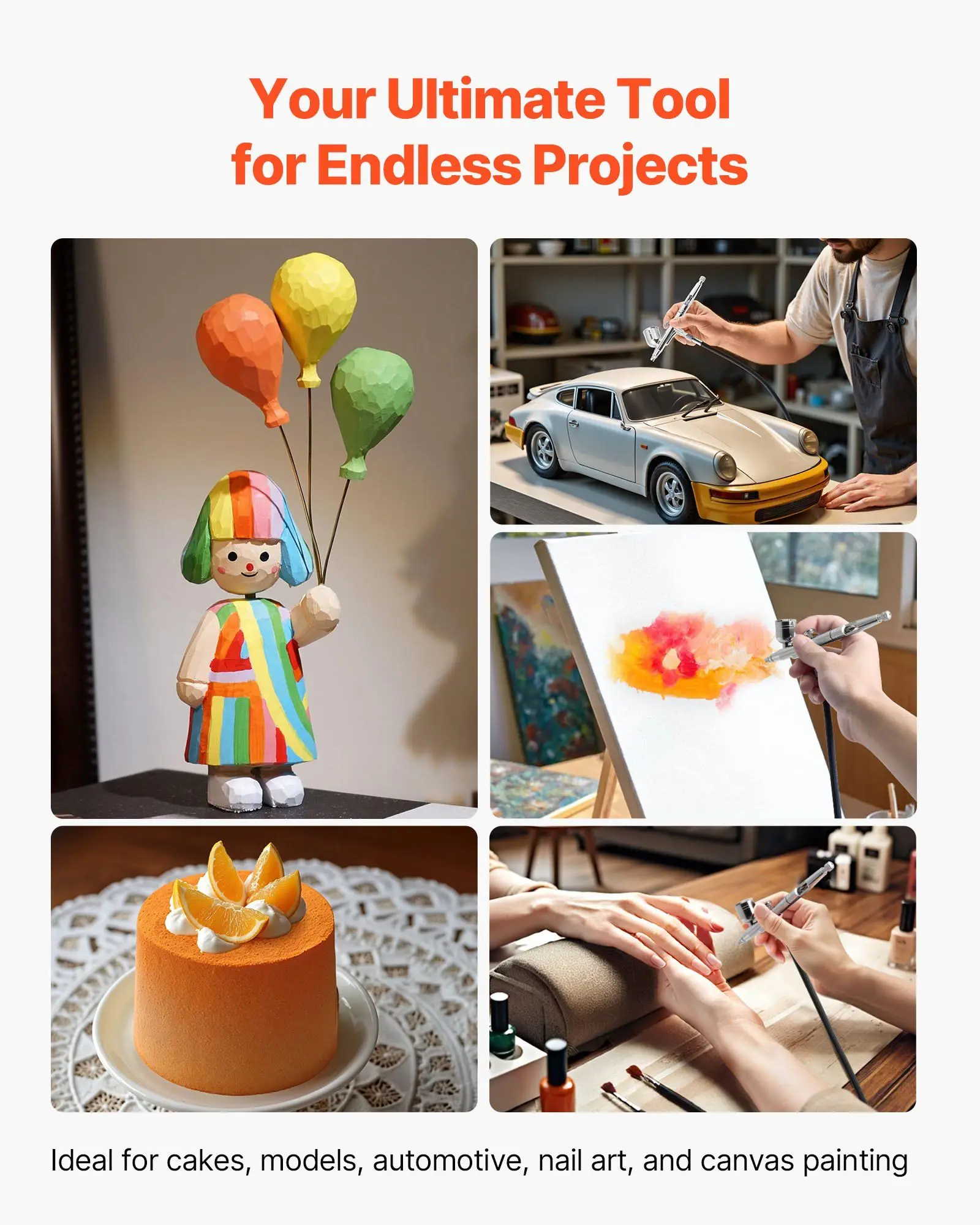 コンプレッサーとタンク付きエアブラシキット 1/6 HP 低騒音デュアルアクションエアブラシ ケーキデコレーションモデルとネイルアート用