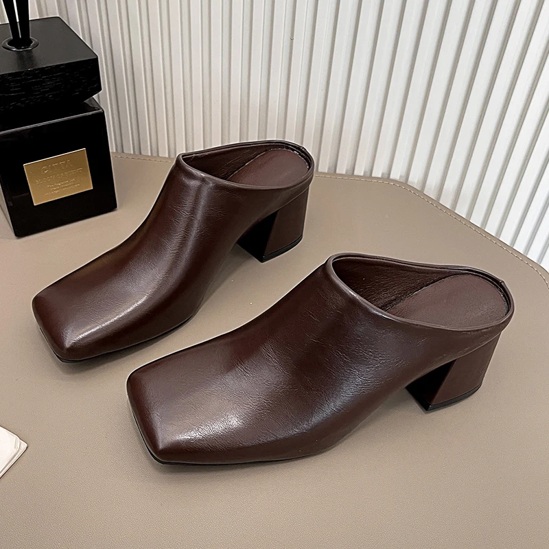 

Женские тапочки с квадратным носком, туфли-лодочки на высоком каблуке, массивные сандалии, весна 2026, дизайнерская обувь с открытой пяткой, повседневные шлепанцы De Mujer