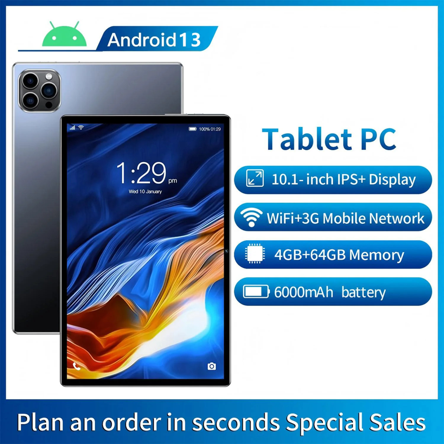 New 10.1-inch Tablet Pc 4GB RAM 64 ROM Supports video Calls Dual cameras Google Play Octa core Android 13 System 6000mAh Battery