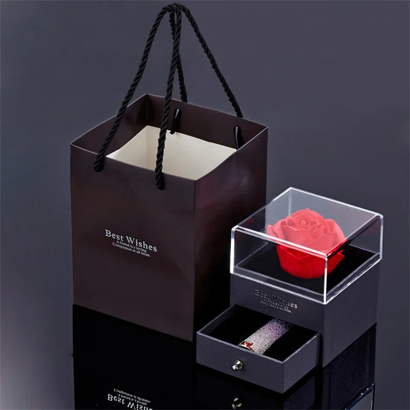 

Immortal Rose Gift Box Creative Drawer Transparent Cover Necklace Ring Valentine's Day Birthday Gift Jewelry Packaging Box