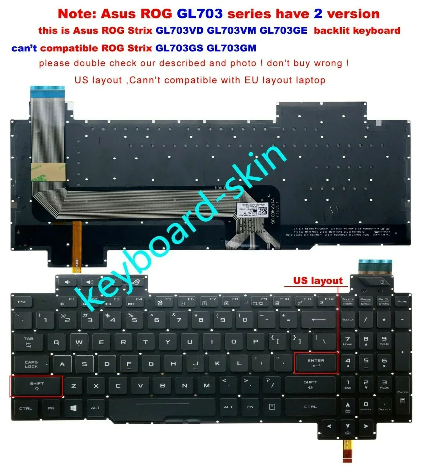 New US Color RGB backlit keyboard For ASUS ROG Strix GL703VD GL703VM GL703GE laptop