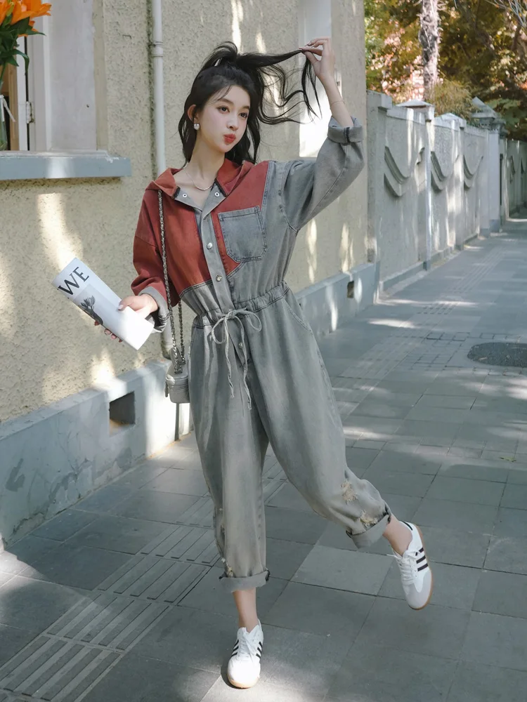 

Женский джинсовый комбинезон весна-осень 2025: новый дизайн, пэчворк, утягивающий пояс, повседневный, цельный, в корейском стиле, для работы и отдыха