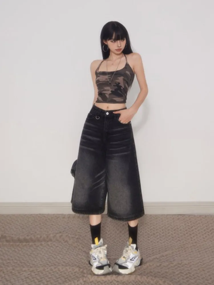

Retro American Grey Black Faded Denim Shorts Women's Summer New High Street Loose Slim Wide Leg Mid-Length Pants