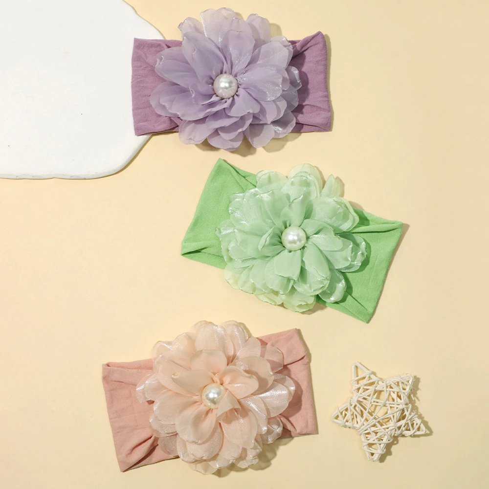 パール大シフォンフラワーヘッドバンドベビー幼児ヘアアクセサリー新生児 PhotoProp ワイドナイロンヘッドバンド子供花ターバン