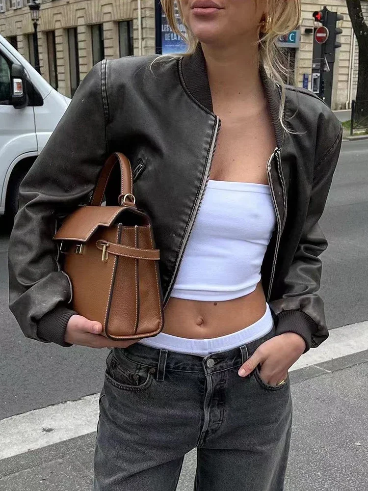 女性用ボンバージャケット,長袖,ルーズフィット,グラデーションレザー,ラウンドネック,ジッパー,機関車,ショート,ウォッシュ