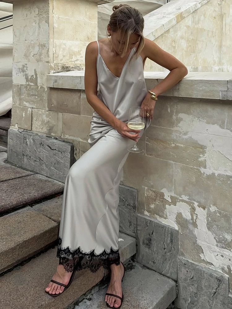 2025 الدانتيل المرقعة فستان ستان للنساء الصيف قبالة الكتف عالية الخصر فساتين طويلة نادي حفلة مثير عارية الذراعين فستان أنيق