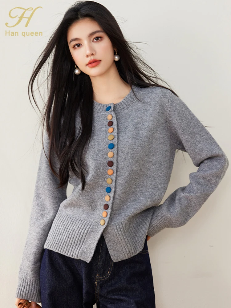 

H Han Queen New Winter Knitted Cardigan Sweater Women Tops Basic Single Breasted Long Sleeve Cardigans Casual Warmth Outerwears