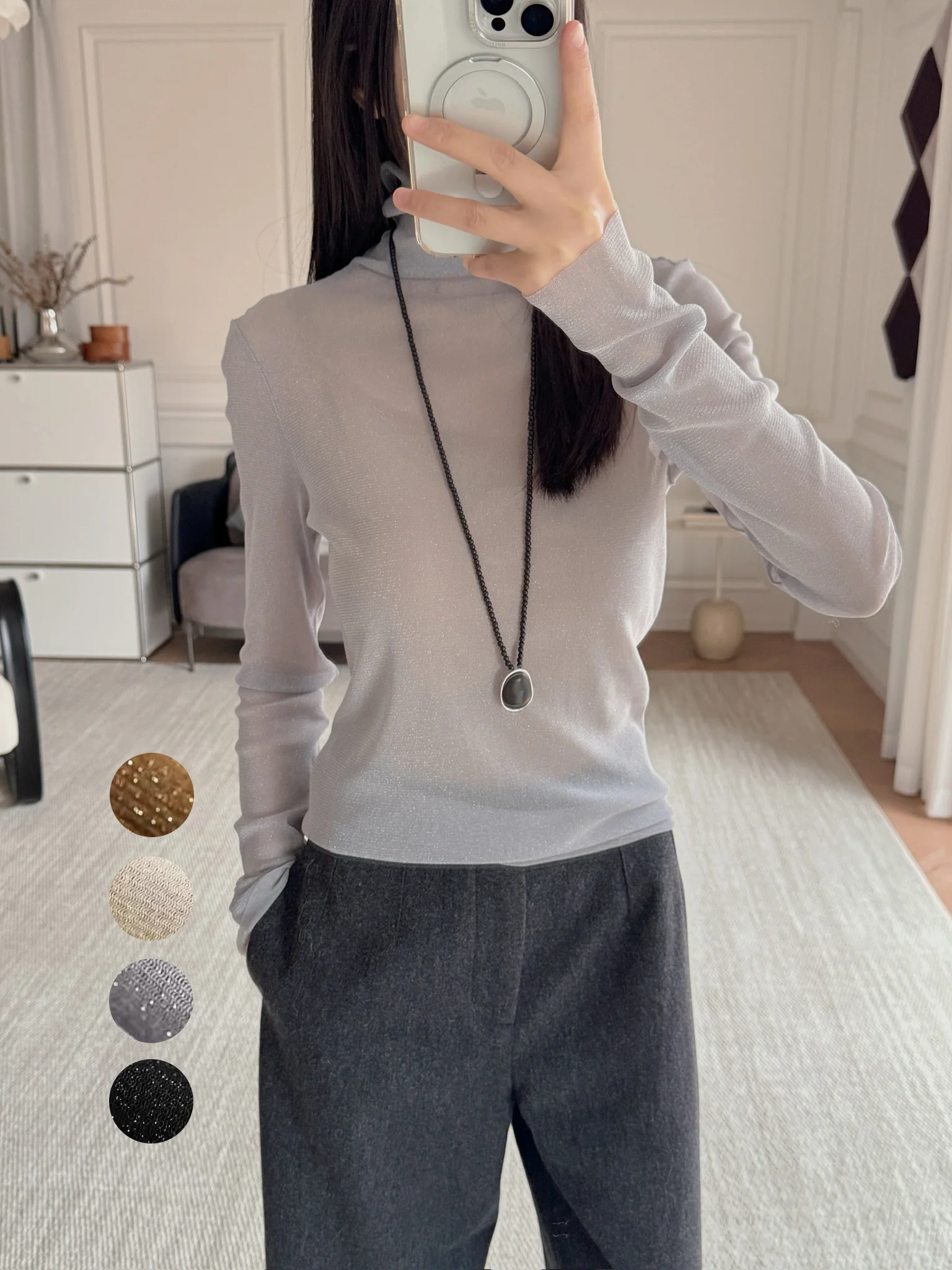 

iny Gold And Silver Tead Me Base irt High Collar Semi Transparent Women's Casual Sle Stand Fit Long Sve T-irt