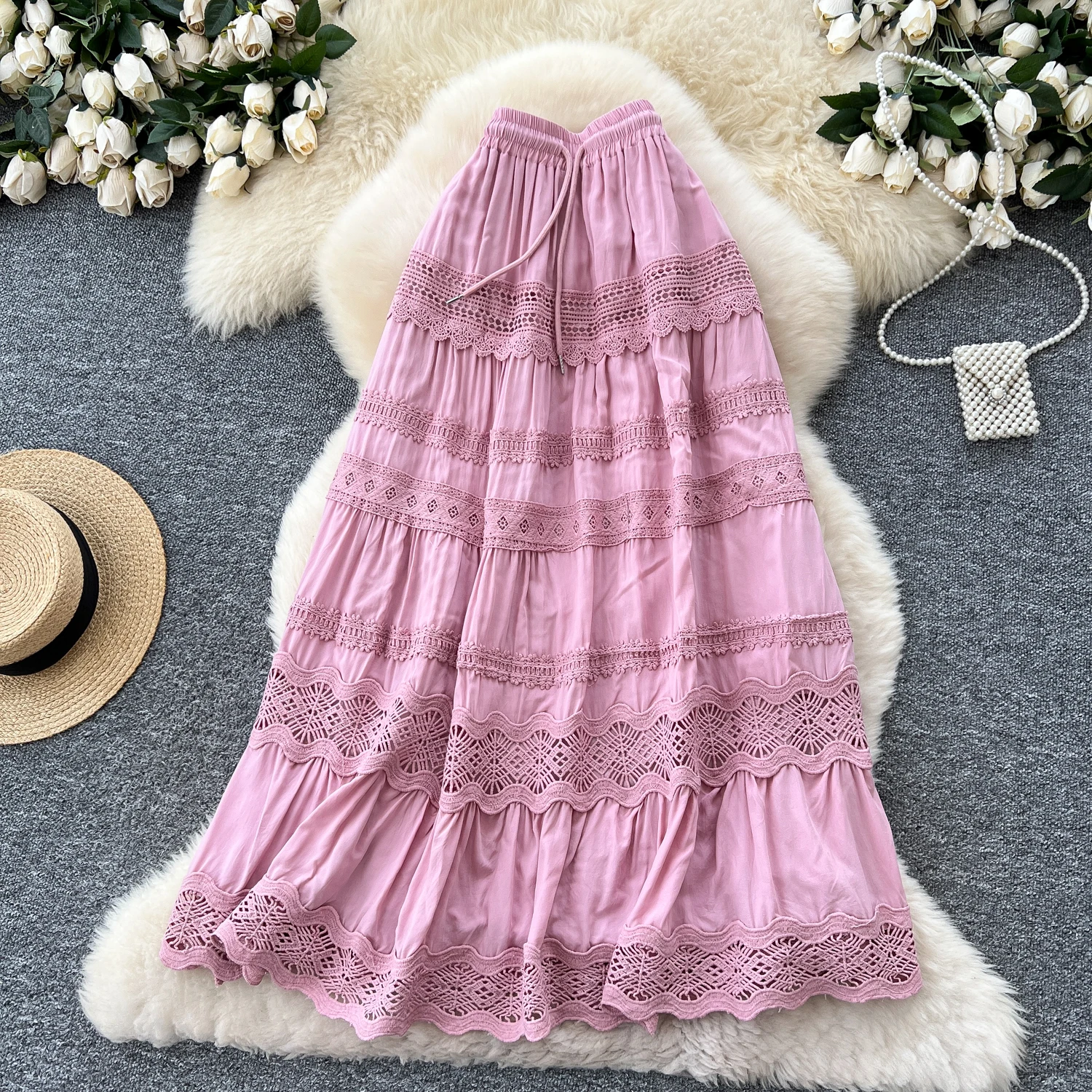 

Женская элегантная шикарная милая кружевная базовая сексуальная юбка с эластичной резинкой и высокой талией, корейская модная винтажная юбка трапециевидной формы, тонкая одежда