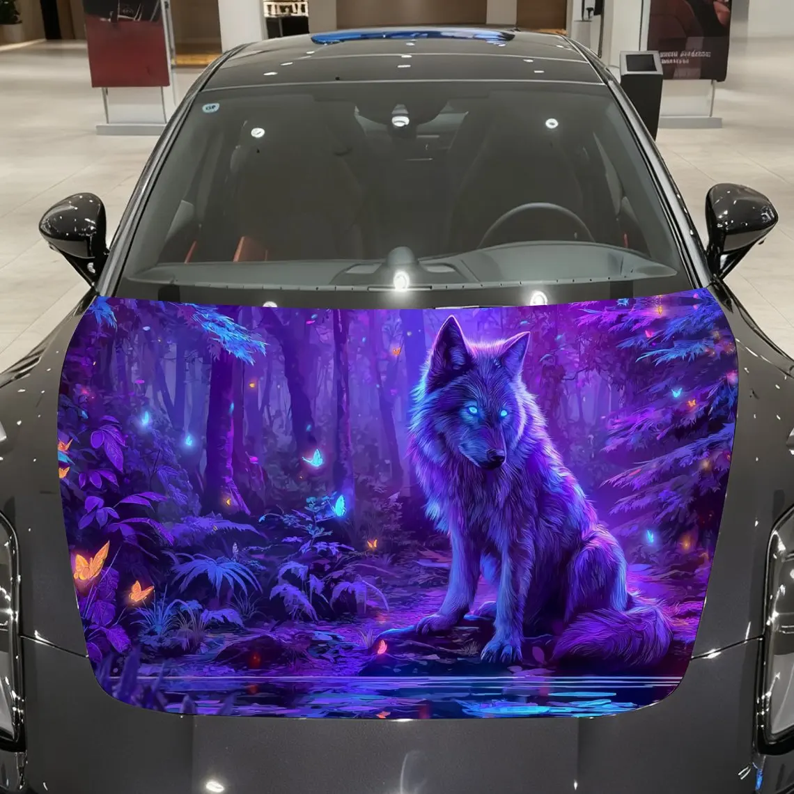 Fantasy Purple Forest Wolf Car Vinyl Wrap, PVC Material Waterproof Car Hood Sticker, Self-Adhesive Scratch-Resistant Stickers fo